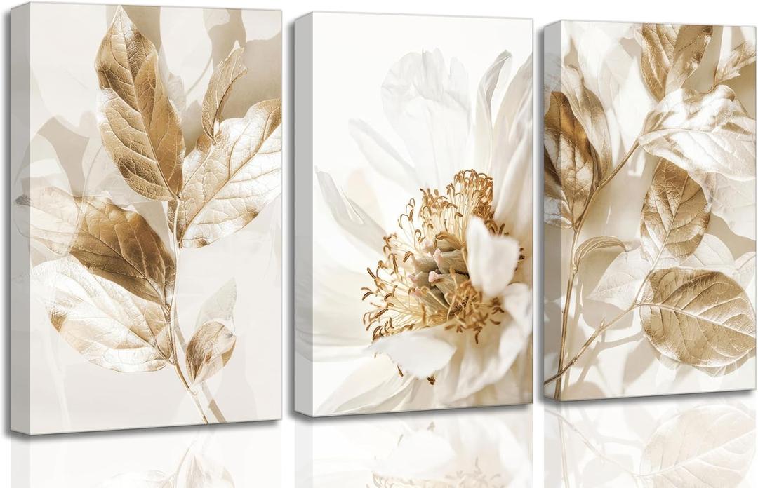 3 Pcs Modern White Floral Golden Leaves Canvas Wall Art Neutral Boho Beige Botanical Painting Pictures Nordic Wall Decor Posters Print Artwork for Bedroom Living Room Office Home Decoration, 16x24 Inches 