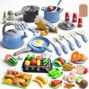 105Pcs Kids Kitchen Toy Accessories, Toddler Pretend BBQ Camping Cooking Playset, Play Pots, Pans, Utensils Cookware Toys, Play Food Set, Vegetables, Learning Gift for Girls Boys (Blue)