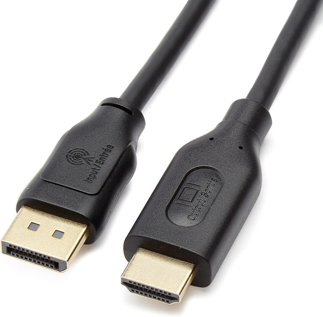 2 pack Amazon Basics DisplayPort to HDMI Cable, Uni-Directional, 4K@30Hz, 1920x1200, 1080p, Gold-Plated Connectors for Enhanced Picture Quality and Sound, 6 ft, Black