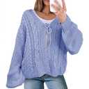Saodimallsu Womens Tie Front Cardigan Sweaters Cable Knit V Neck Lantern Long Sleeve Casual Loose Sweater Coats, Light Blue, S