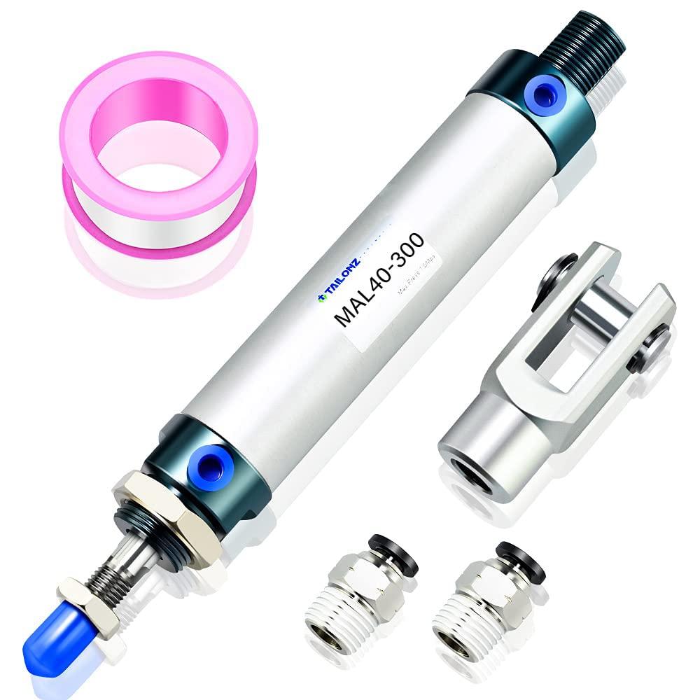 TAILONZ PNEUMATIC 40mm Bore 300mm Stroke Air Cylinder Double Action with Y Connector and 2Pcs 8mm Fitting MAL40x300 Silver