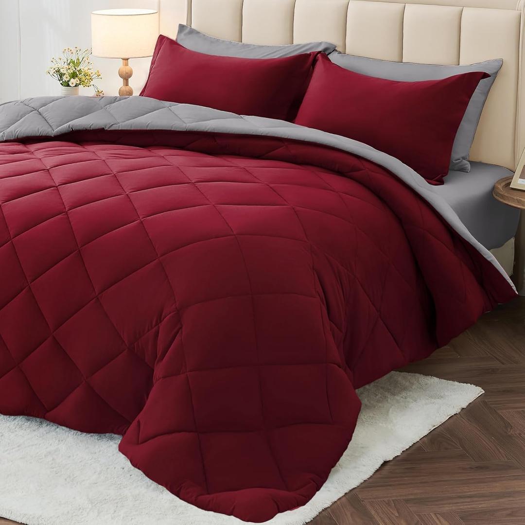 MUXHOMO 7 Pieces King Comforter Set, Reversible Bed in a Bag King Size, All Season Bedding Set with Comforter, Flat Sheet, Fitted Sheet, Pillowcases & Shams, Burgundy & Grey (King (104"x90"))