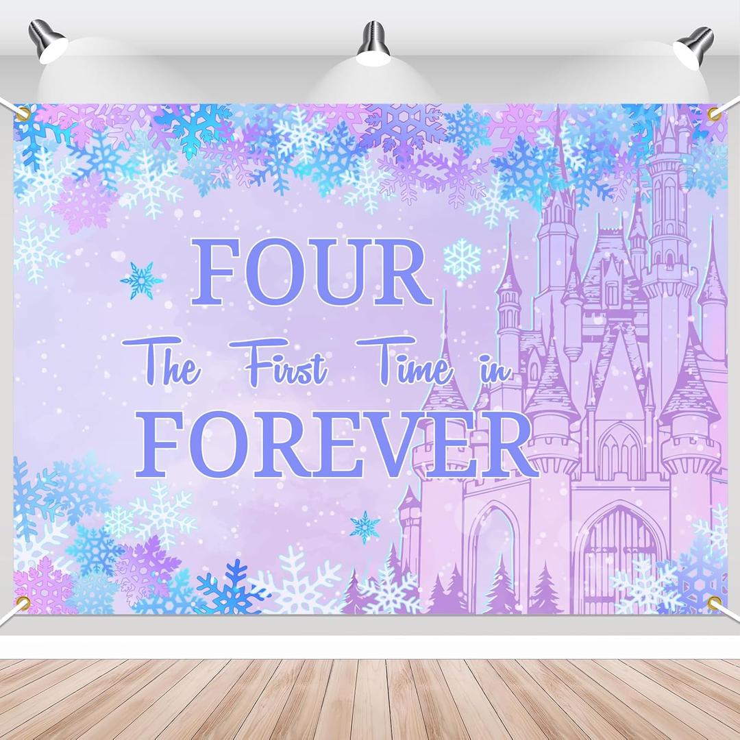 Four The First Time in Forever Birthday Decorations Winter Princess 4th Birthday Backdrop Frozen Birthday Decorations Princess Castle Party Decor for Baby Girls (7x5ft)