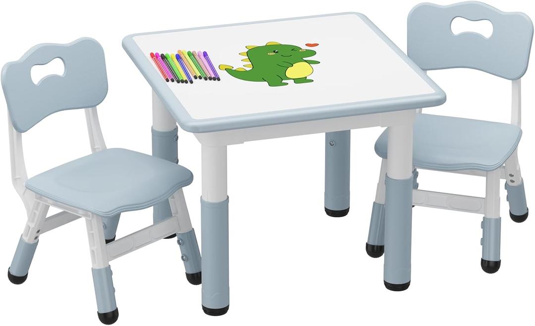 GAOMON Kids Table and 2 Chairs Set with Graffiti Desktop, Height Adjustable Toddler Table and Chairs Set for Reading, Drawing, Playing, Eating (Grey-blue)