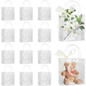 Takytao 12 Pcs Gift Bags with Handles, 5.9" L x 2.8" W x 6.3" H, Reusable with Champagne Ribbon, Clear Plastic Gift Bags for Weddings Birthday Baby Shower Party Christmas