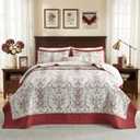Vintage Floral Queen Bedspread - 102"x120" 100% Cotton Oversized Queen Quilt, French Country Damask Quilted Bedding Set Lightweight Soft Comforter All Season, 3 Piece, Burgundy/White