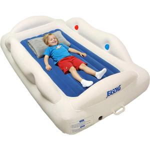 JEASONG Portable Inflatable Toddler Kid Bed with 4 Safety Sides - Air Mattress Electric Pump for Camping, Sleepovers and Home and Travel Use, Compact Crib Sleep Solution - Blue