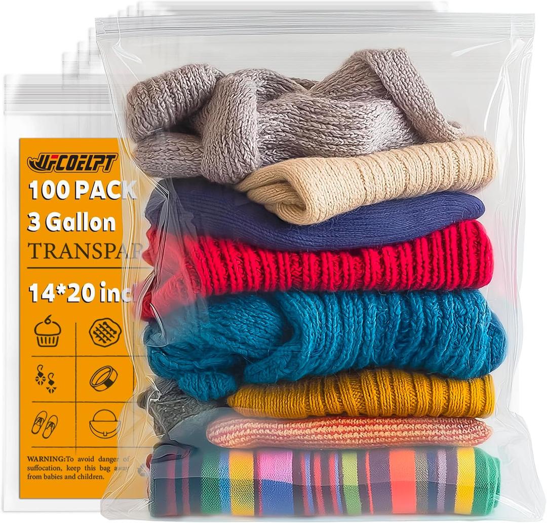 100 Count Large Zip Plastic Bags for Storage Bulk 14"×20", 3 Gallon | 2 mil Thick Reclosable Jumbo Bags for Household, Clothes, T-shirts Packing