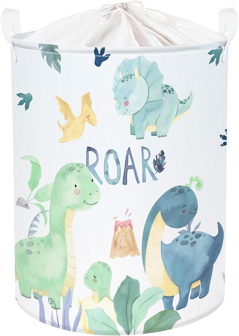 Clastyle 45L Cartoon Green Dinosaur Laundry Basket with Handle Round Bedroom Bathroon Toys Clothes Storage Basket for Nursery