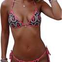RoseSeek Women's 2 Piece Boho Bikini Sets Halter Neck Bras and Tie Side Thongs Beach Wear Multicolor Red Large