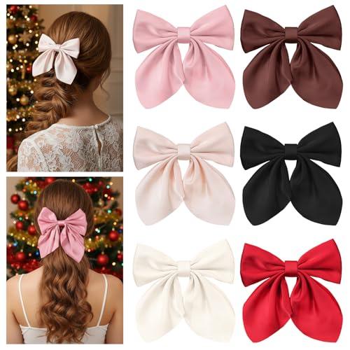 DOPENSPI 6 Pcs Hair Bows for Women, Cute Bow Hair Clips with Long Tail Silky Satin Hair Bows Ribbon Alligator Clips Accessories for Women Chirstmas Gifts