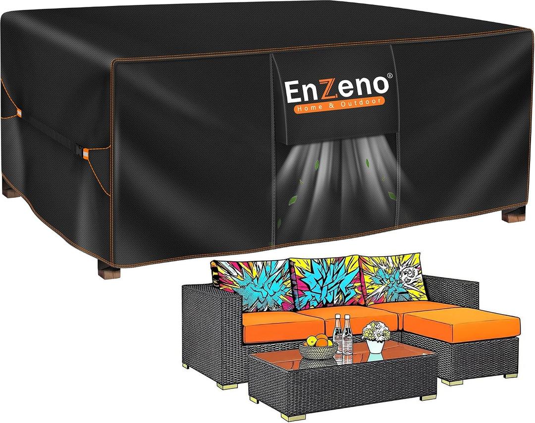 Enzeno Patio Furniture Set Cover, Outdoor Sectional Sofa Couch Set Covers Waterproof, Garden Dining Table Chair Set Cover Outside Rectangular Heavy Duty Weatherproof 90" L x 65" W x 28" H Black