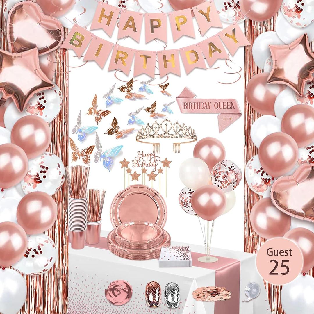 236 Pcs Birthday Decorations For Women, Rose Gold Party Decorations Kit For Girls Or Women - Butterfly, Hanging Swirl, Balloon Stand, Sash, Tiara, Banner, Balloon, Tableware For 25 Guest