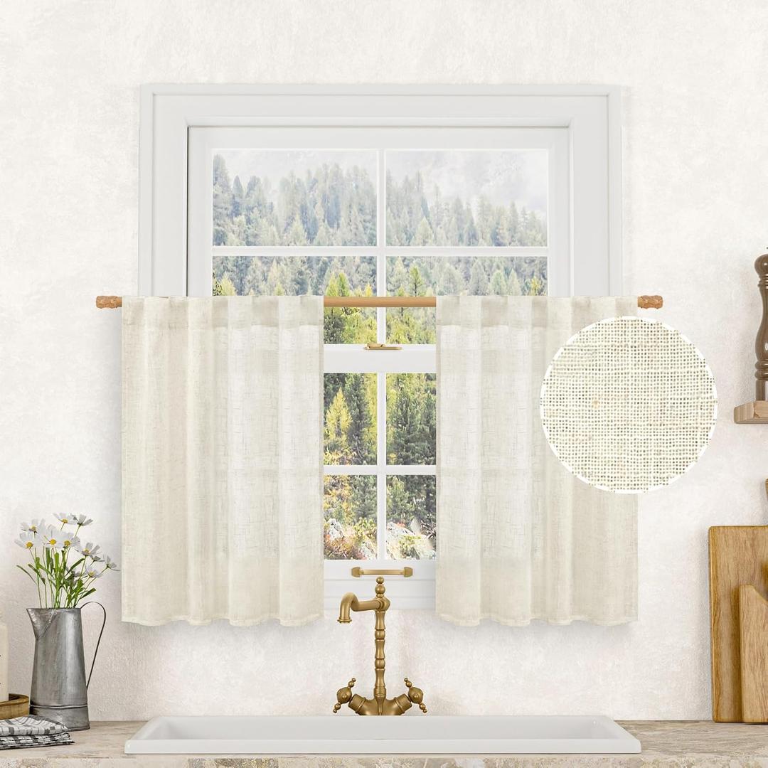 LAMIT Short Linen Kitchen Window Curtains 36 Inch Length, Over Sink Semi Sheer Light Filtering Panels Back Tab and Rod Pocket Drapes for Basement Bathroom Window, 2 Panels, Cream Ivory34 x 36 Inch