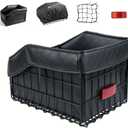 Bike Basket Rear, Foldable Bicycle Basket with PU Liner, Waterproof Cover and Cargo Net, Rear Bike Baskets for Most Bikes - Black, 15.7x12.2x10.2 Inch