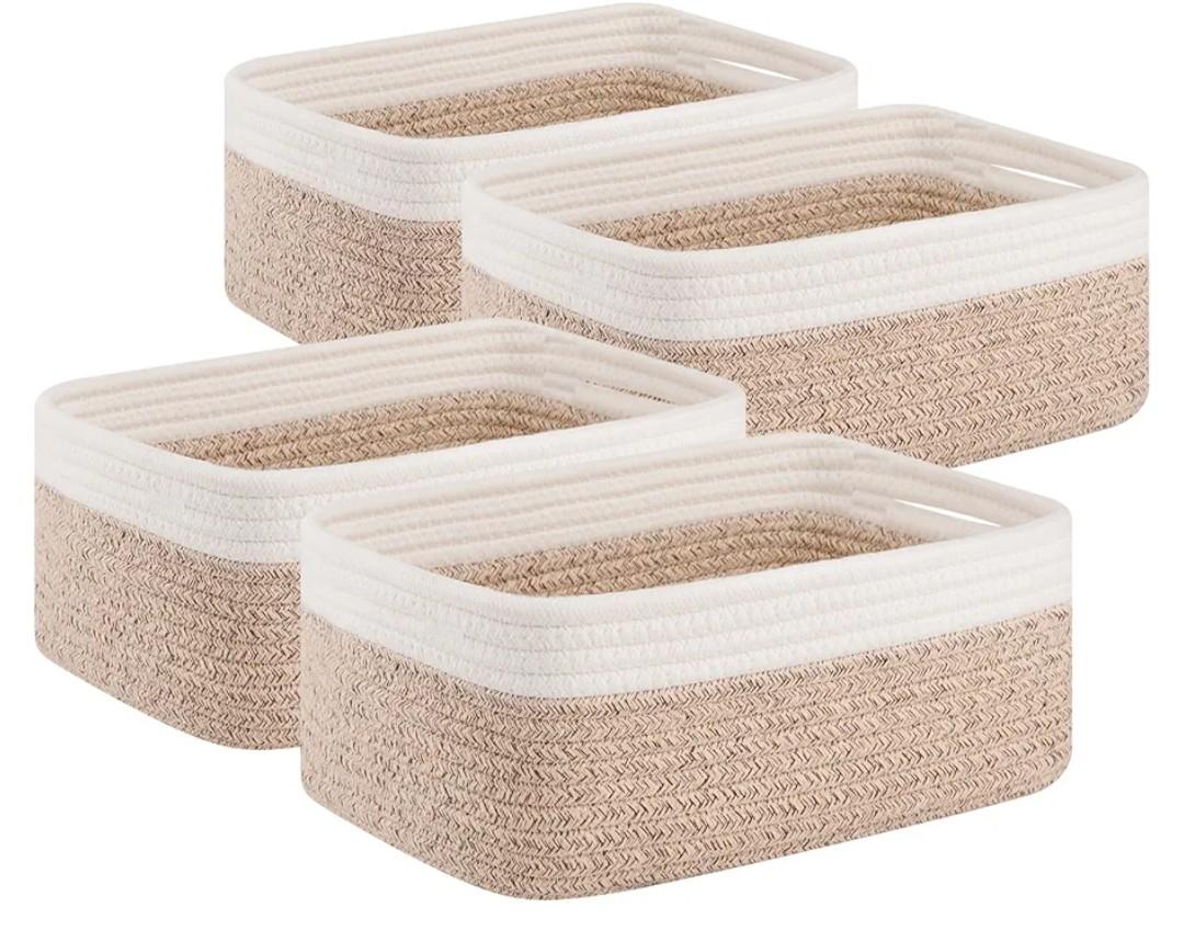 OIAHOMY 4 Pack Storage Baskets for Organizing, Small Bins for Shelves, Cute Decorative Storage Bins, Organizer Baskets for Gifts Empty, 11.8''Lx7.8''Wx4.7''H, Brown/White