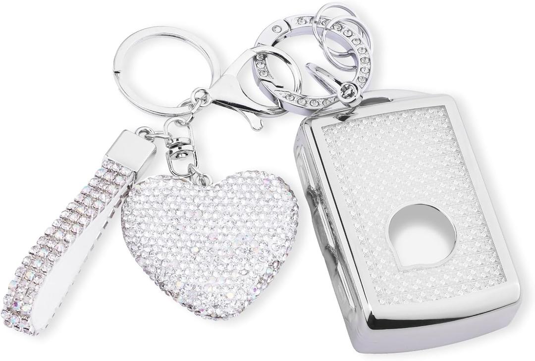 Compatible with Volvo Key fob Cover with Diamond Bling Keychain, Car Accessories Key Holder Shell for XC40 XC60 XC90 S90 V90 2021 2022 Smart Key, Silver Clear