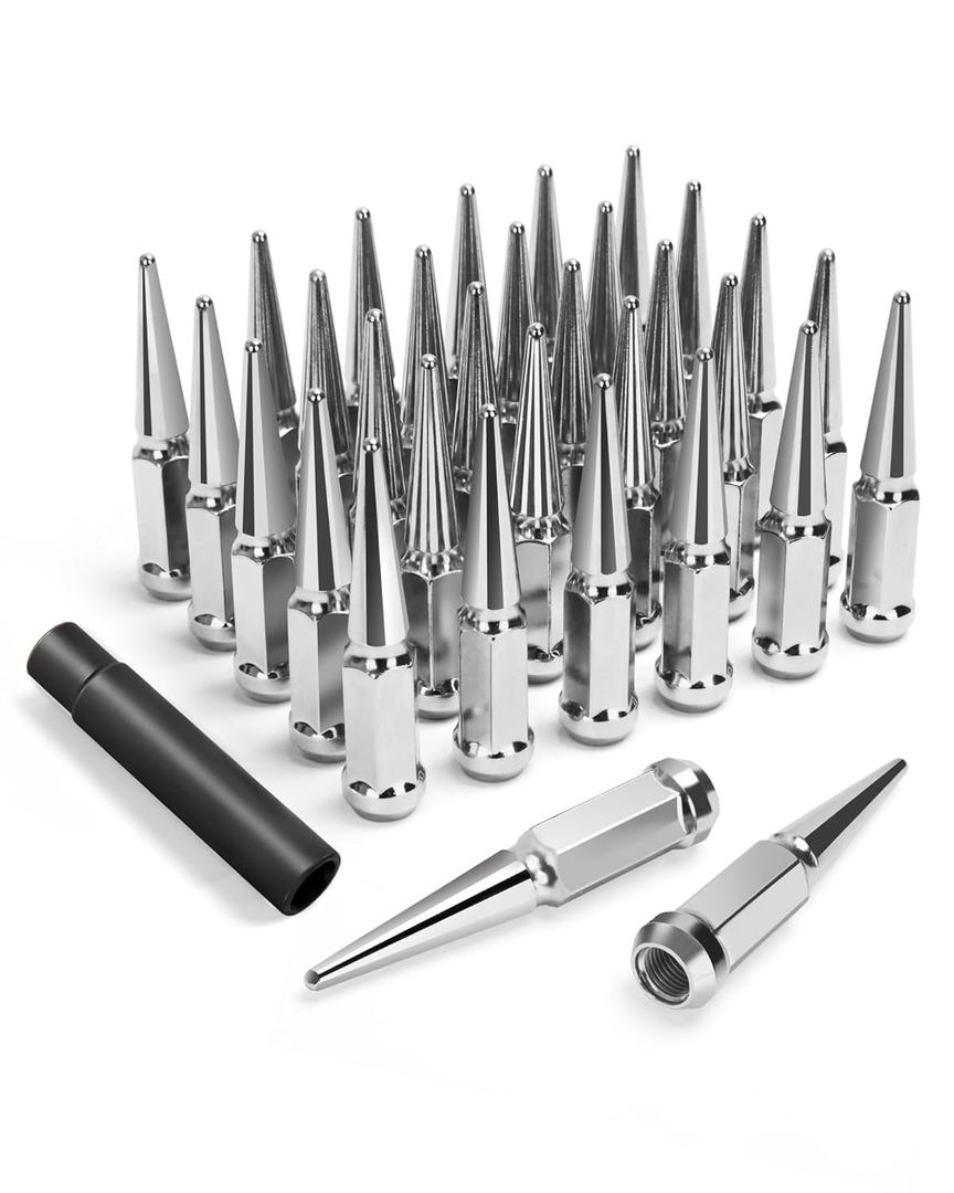 9/16-18 Spike Lug Nuts for 1994-2011 Dodge Ram 2500 3500, 2002-2010 Ram 1500, 1988-1997 Ford F250 F350, 2004-2009 Durango, 32PCS Spiked Lug Nuts 9/16-18 Chrome with Socket Key for Aftermarket Wheel (Silver)