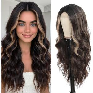 Long Brown Wig for Women 26Inch Wavy Curly Brown Highlight Blonde Hair Wigs Synthetic Hair Replacement Wig Heat Resistant Hair Wig for Daily Party Use Halloween Costume Wigs