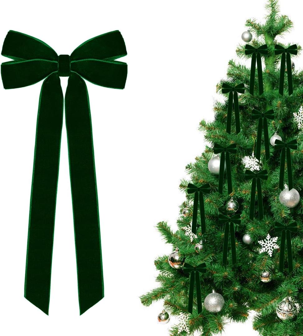 12 Pcs Red Velvet Christmas Tree Bows Door Garland Decor Vintage Wreath Bow Suitable for Christmas Trees (Green)