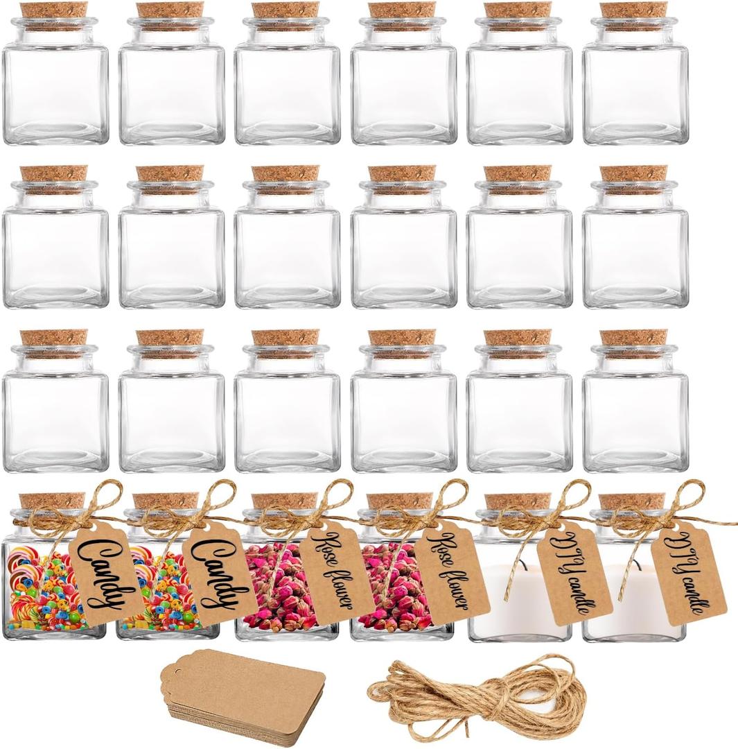 2 OZ Mini Square Glass Jars with Cork Lids, Small Glass Candy Kar with with Label Tags and Srings, Cute Craft Jars for Sandy Art DIY Crafts Birthday Gift Christmas Wedding Party
