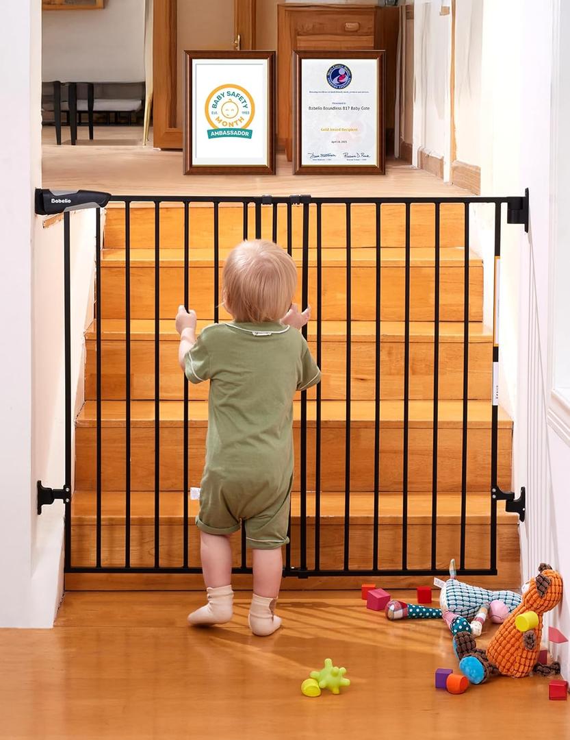 Babelio Baby Gate for Stairs & Doorways, 26-43" W 34" H Extra Tall| No Bottom Bar| Easy Installation| One-handed Operation| Auto-close| Hardware Mount (Drill Needed) Safety Dog/Pet Gate Indoor (Black)