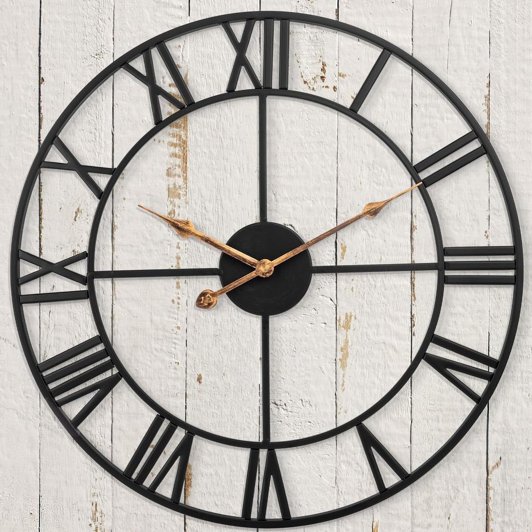 Outdoor Clocks for Patio, Large Outdoor Pool Clock, European Industrial Skeleton Metal Outdoor Clock Silent Battery Operated, Black Vintage Wall Clock for Backyard/Garden/Fence, 14 in
