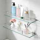 Glass Bathroom Shelves, Rectangular Tempered Glass Floating Shelves for Wall with 304 Stainless Steel Rail and Zinc Alloy Bracket, 2 Pack