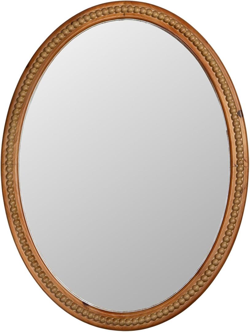 24" x 32" Wall Mount Wood Beaded Frame Oval Mirror, Warm Brown Real Glass Modern Farmhouse Decorative Mirror for Bathroom Vanity, Entryway, Bedroom