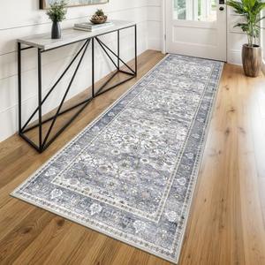 KUTA Vintage Washable Runner Rug, 2.6x8 Grey Blue Runners for Hallways Non-Slip Kitchen Rugs Ultra Thin Soft Printed Distressed Oriental Floral Floor Carpet for Laundry Bedroom Living Room Nursery