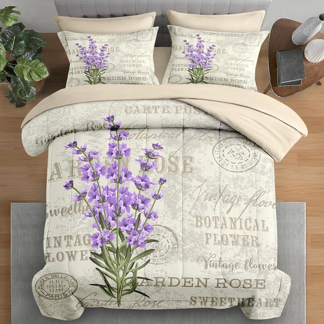 Comforter Set Queen Size, Vintage Lavender Flower 7 Pcs Bedding for Kids and Adults, Retro Botanical Plant Bed Sheet Sets with Fitted Sheet 2 Pillowcases & 2 Shams for Bedroom Bed Decor