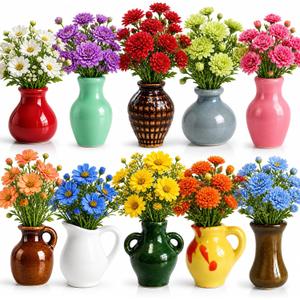 10 Pack Ceramic Mini Vase Magnets for Fridge with 20 Artificial Flower Stems, Decorative Flower Vase Refrigerator Magnets, Magnetic Vases for Kitchen Office Home Decor