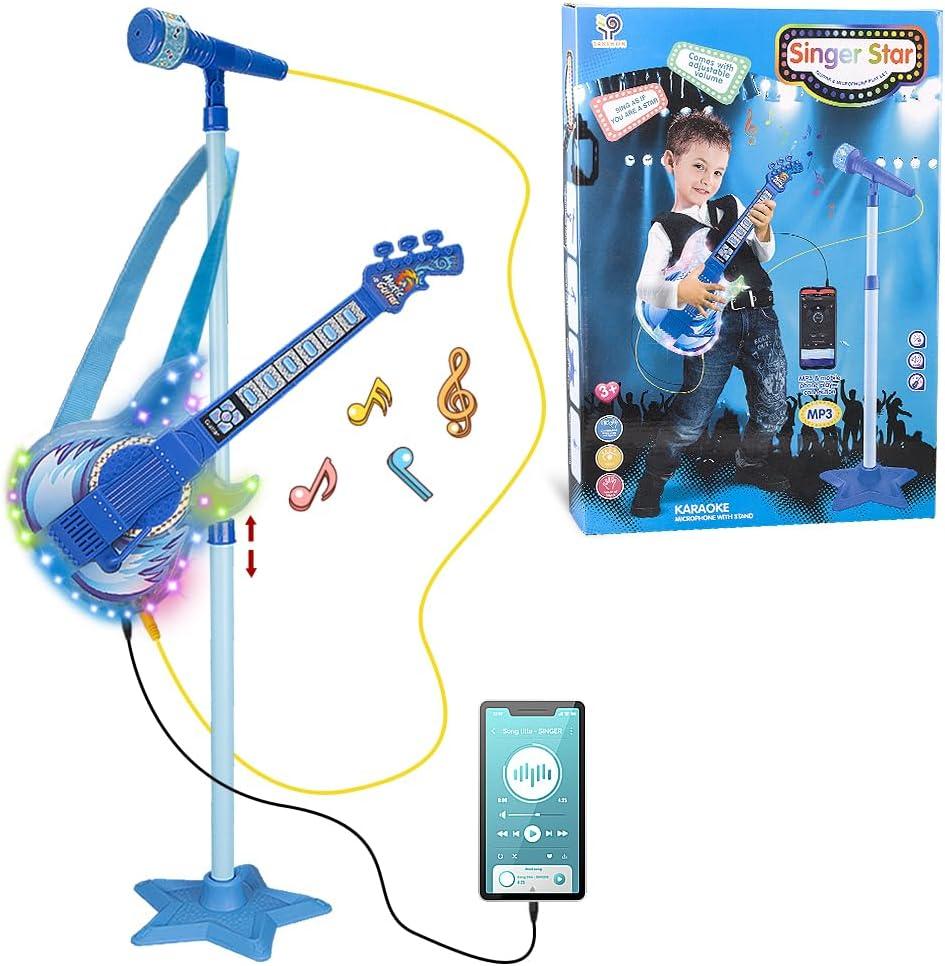 TAKIHON Guitar and Microphone Set for Kids,Guitar Toys with Music&Colorful Light,Adjustable Height Microphone with Stand,Karaoke Toys Gift for Boy,Girls,Toddlers(Blue)-Upgraded