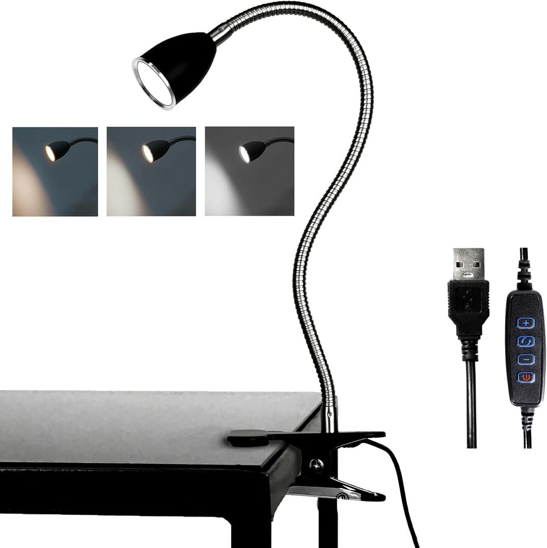 Desk lamp Eye-Caring Table Lamps, 360Rotation Gooseneck Clip on Lamp Reading Light, Portable Reading Book Light, Clamp Light, Study Desk Lamps for Bedroom and Office Home Lighting (Black with Dimmer)