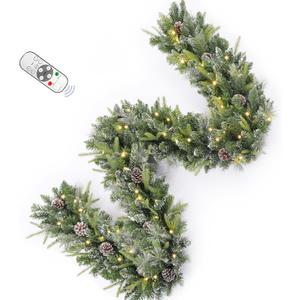 9FT Prelit Christmas Garland Decorations Snow with Dual Color LED Lights and Timer by Remote Control and Battery Operated, Home Mantle Stairs Railing Fireplace Outdoor Indoor Wall