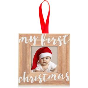 Pearhead Babys First Christmas Wooden Picture Frame Ornament, Newborn Milestone Keepsake Photo, Holiday Gift For New and Expecting Parents, Rustic My First Christmas Ornament (1-Pack)