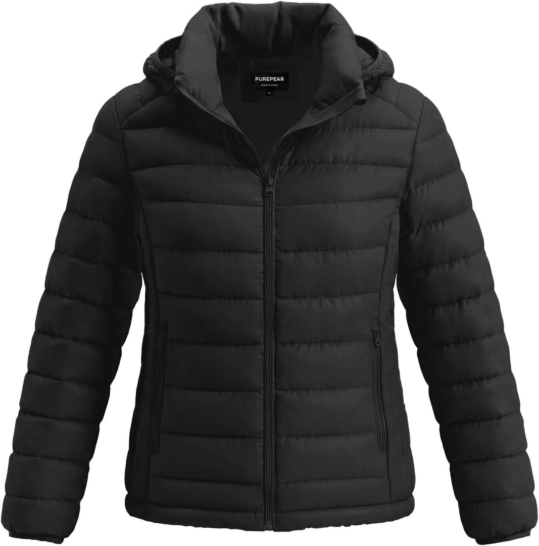 Women's Lightweight Packable Puffer Jacket Detachable Hood Coat Quilted Jacket for Hiking Outdoor (Black, M)