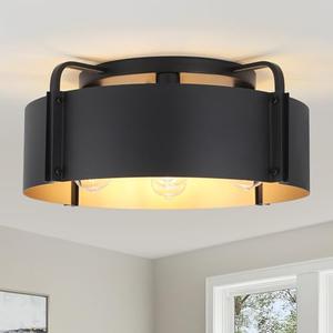 AFLCBYH Flush Mount Ceiling Light, 5-Light Large Industrial Ceiling Light Fixture Matte Black with Gold Inside Close to Ceiling Lights for Living Room Kitchen Island,E26 Base (Not Included Bulb)