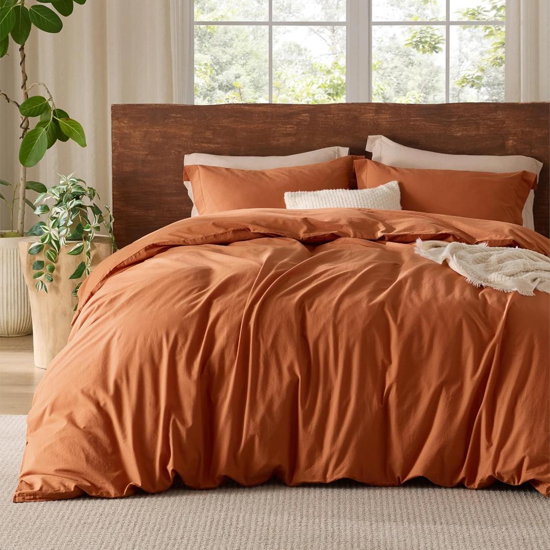 Bedsure 100% Washed Cotton Duvet Cover Queen Size - Burnt Orange Minimalist Cotton Duvet Cover Linen Like for All Seasons - GentleSoft Plain Simple Bedding (Burnt Orange, Queen, 90"x90")