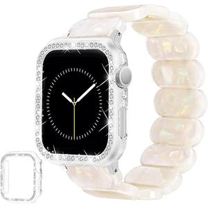 Stretchy Tortoise Resin Bracelet & Case Compatible with Apple Watch Band 40mm 38mm 41mm 42mm 44mm 45mm Women, Cute Lightweight Straps Fashion Elastic Wristbands for iWatch Series 9 8 7 6 5 4 3 2 1 SE