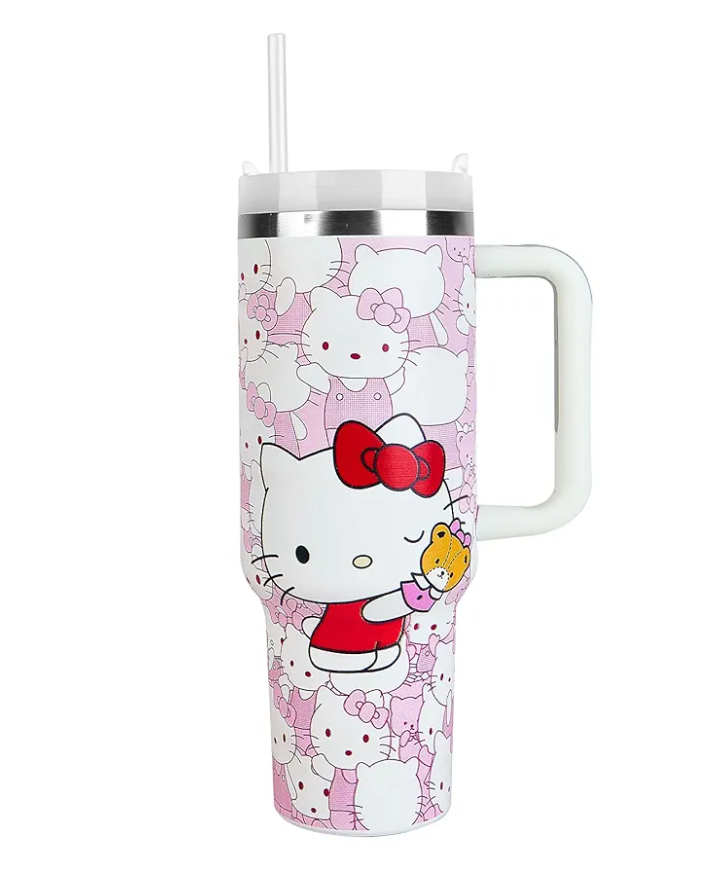 Kitty 40 Oz Stainless Steel Tumbler with Handle, Leak-Proof Lid and Straw, Insulated Water Bottle for Outdoor Cute Kitty Gifts