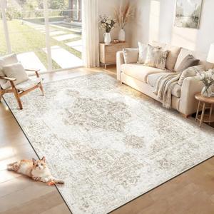 6x9 Area Rugs for Living Room, Washable Vintage Boho Neutral Medallion Rug Non Slip Low Pile Floor Carpet for Bedroom Nursery Dining Room (Beige, 6'x9')