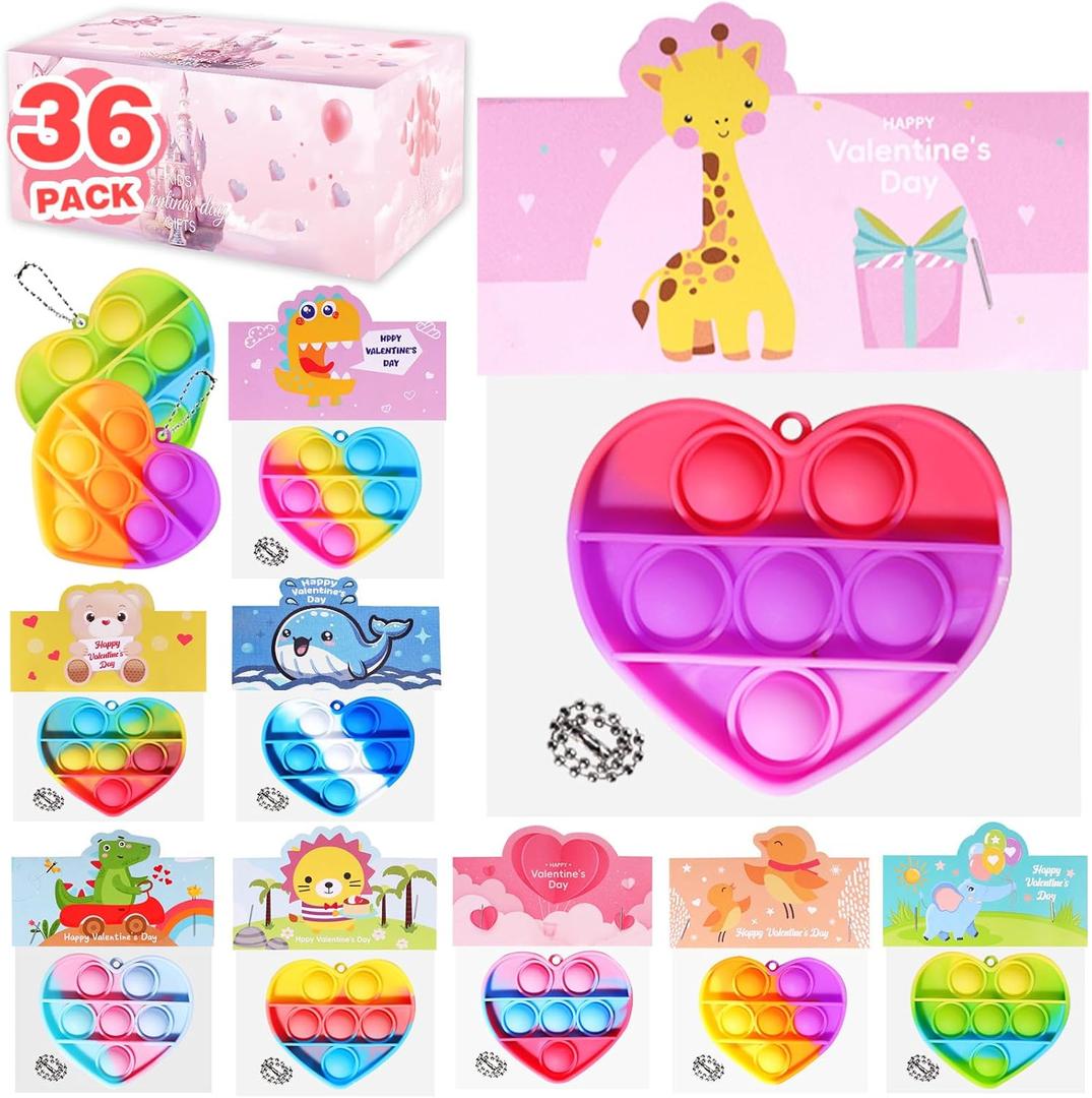 36 Pack Valentines Day Gifts for Kids - Prefilled Valentines Day Heart Pop Keychain, Valentines Day Cards Bulk for Toddlers Kids School Classroom Exchange