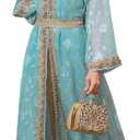 Abaya Dress for Women Muslim Moroccan Maxi Kaftan Dress Arabic Islamic Dubai Robe Ramadan Prayer Wedding Clothes (Teal, XS)