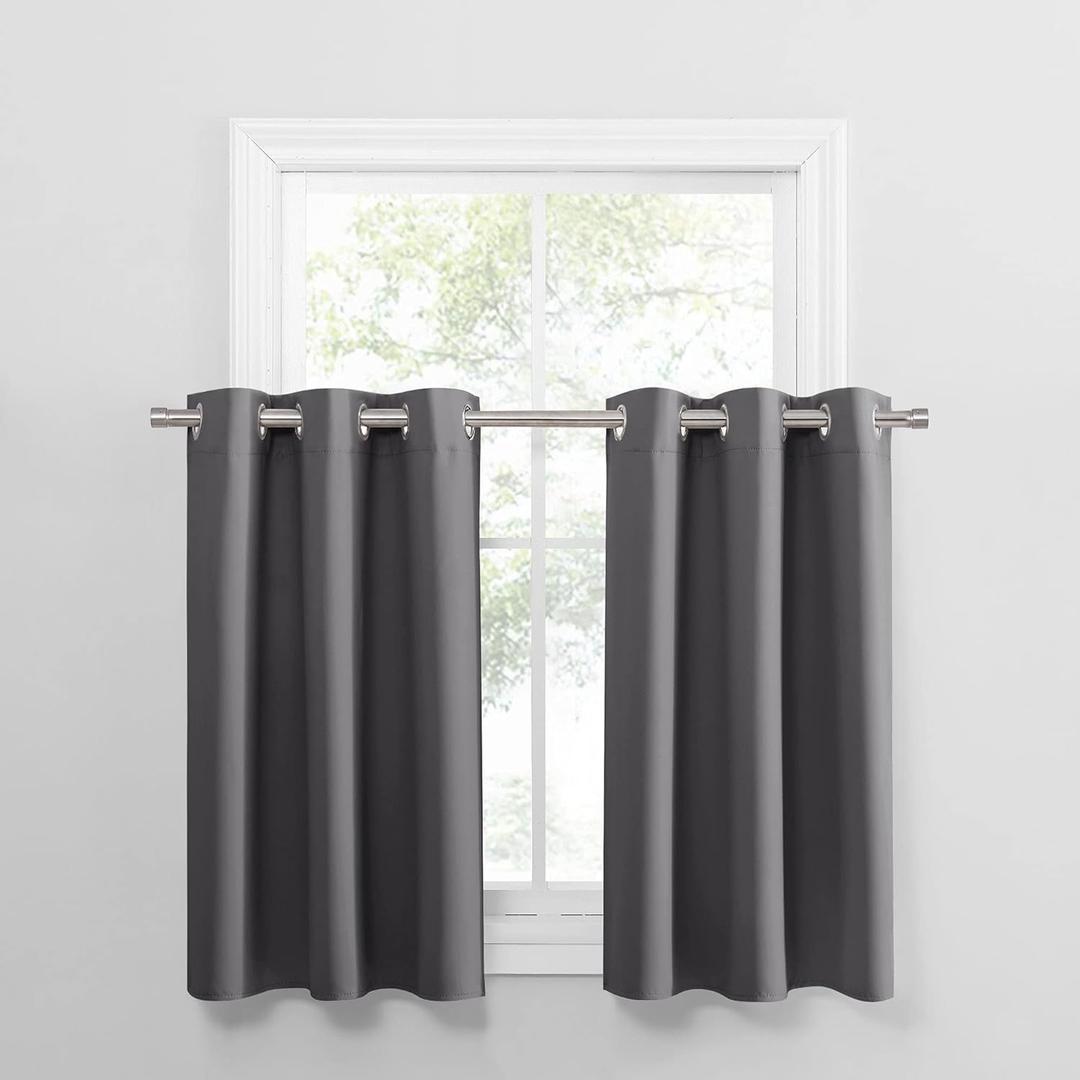 PONY DANCE 24 Inch Kitchen Curtains - Blackout Camper Curtains for Travel Trailers, Set of 2 Panels Tiers, Short Small Window Drapes for Bathroom & Basement, Ideal for RV Camper, Grey