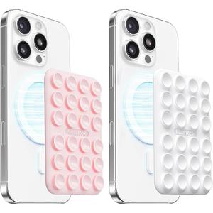 2Pack Magnetic Suction Phone Mount for MagSafe Case, Sticky Phone Grip Holder for iPhone, Removable Hands-Free Selfie/Video for TikTok Influencers, Women Girl Teen Gift, Light Pink & Classic White