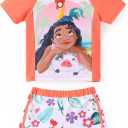 Disney Frozen Elsa Princess Girls Two Piece UPF 50+ Protection Quick-Dry Short Sleeve Swim Sets Rashguard Bathing Suit 5-6Y