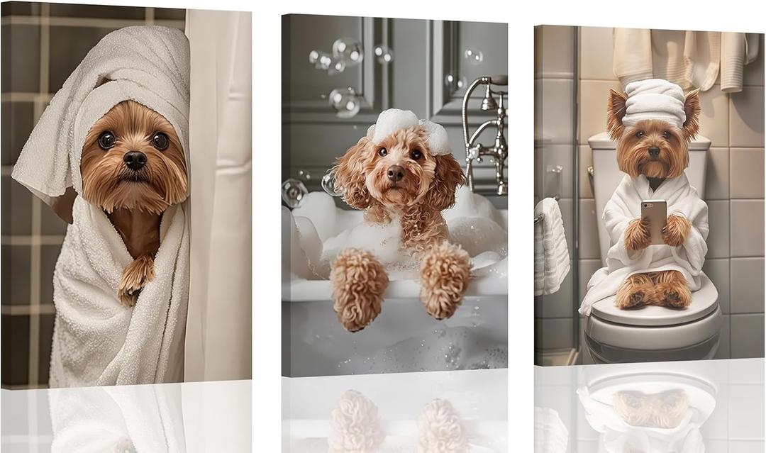 Framed 3Pcs Funny Bathroom Wall Art Dog Playing Phone on Toilet and Taking Bath in Bathroom Pictures Posters Cute Pet Canvas Prints Wall Decor for Dog Lovers Bathroom and Laundry Room Decoration