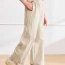 Haloumoning Girls Wide Leg Track Pants Kids Baggy Striped Parachute Pants Athletic Joggers with Pockets 5-14Y Beige, 160