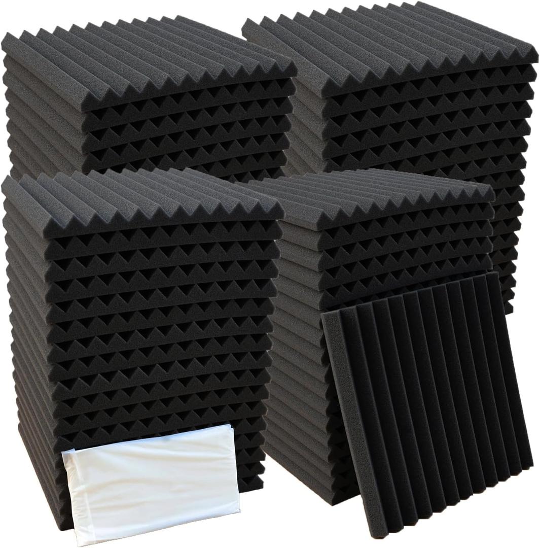 52 Pack Acoustic Foam Panel Wedge Studio Soundproofing Wall Tiles 12" X 12" X 1" (Black)